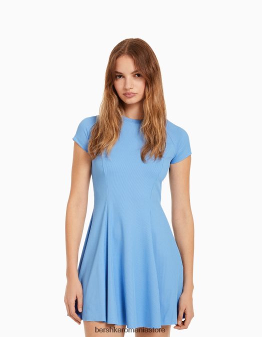 Bershka femei rochie mini skater cu maneca scurta albastru Z86D4107 îmbrăcăminte