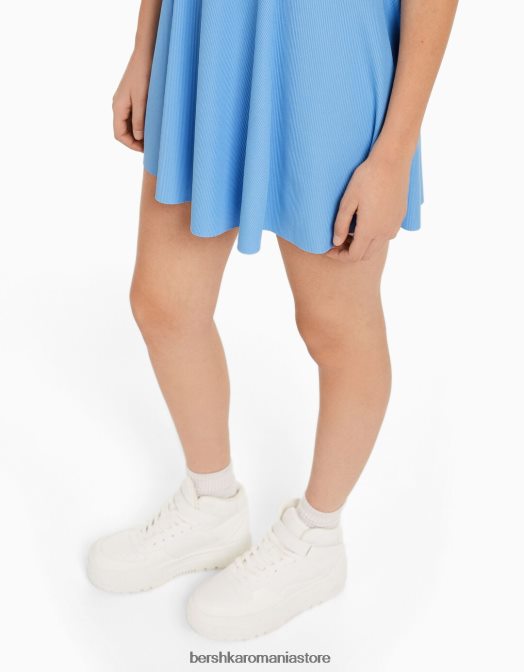 Bershka femei rochie mini skater cu maneca scurta albastru Z86D4107 îmbrăcăminte