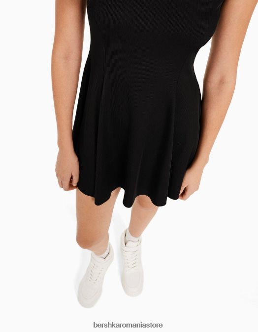Bershka femei rochie mini skater cu maneca scurta negru Z86D4106 îmbrăcăminte