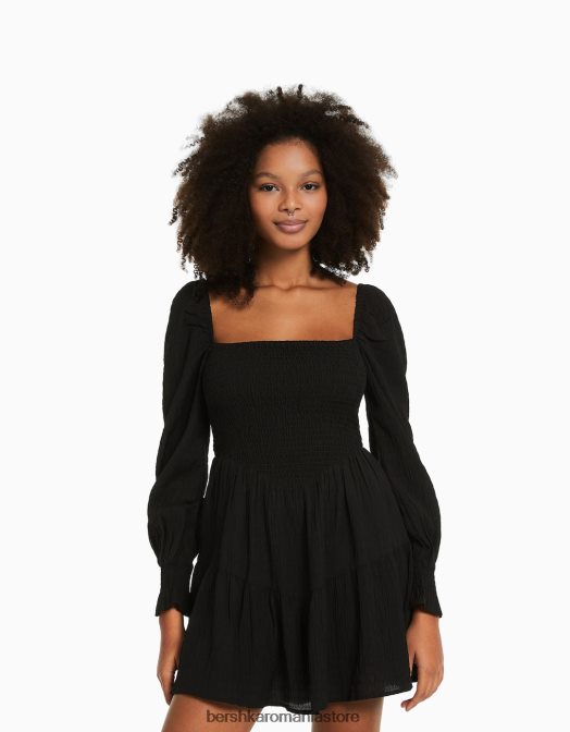 Bershka femei rochie mini texturată voluminoasă cu mânecă lungă negru Z86D223 îmbrăcăminte