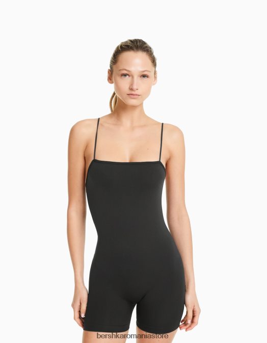 Bershka femei Salopetă de ciclism cu bretele fără cusături, cu decolteu pătrat gri inchis Z86D59 îmbrăcăminte