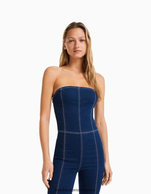 Bershka femei salopetă din denim cu umerii expuși marina Z86D251 îmbrăcăminte