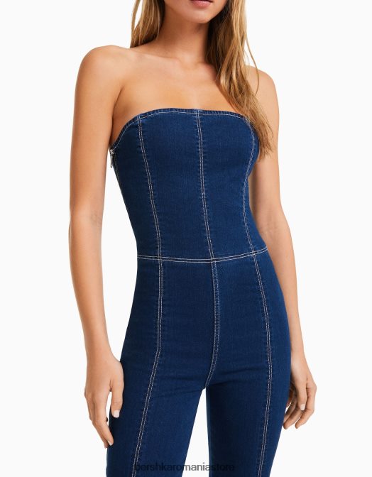 Bershka femei salopetă din denim cu umerii expuși marina Z86D251 îmbrăcăminte