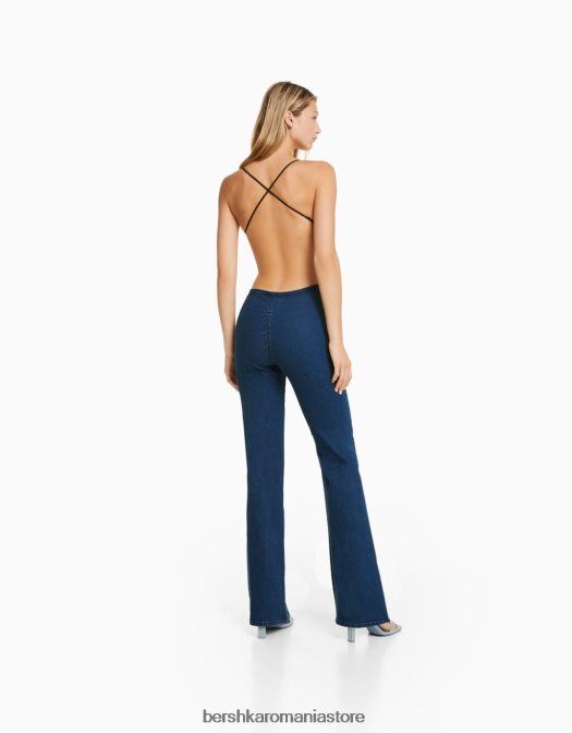 Bershka femei salopetă elastică din denim cu decupaj la spate albastru deschis Z86D60 îmbrăcăminte