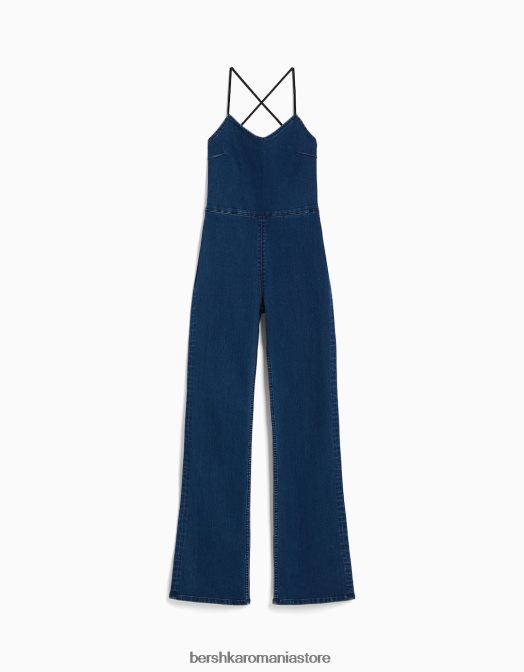 Bershka femei salopetă elastică din denim cu decupaj la spate albastru deschis Z86D61 îmbrăcăminte
