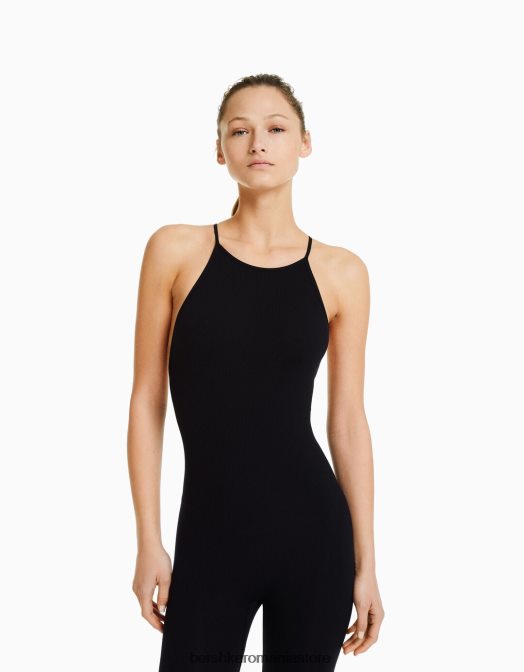 Bershka femei salopetă fără cusături cu bretele, cu spate încrucișat negru Z86D96 îmbrăcăminte