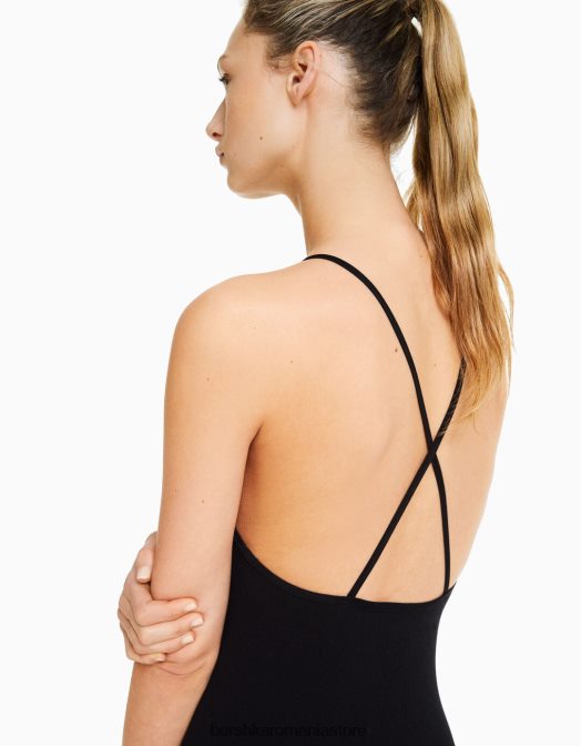 Bershka femei salopetă fără cusături cu bretele, cu spate încrucișat negru Z86D96 îmbrăcăminte