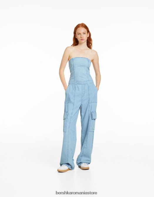 Bershka femei salopetă tip bandeau cargo din denim albastru deschis Z86D4076 îmbrăcăminte