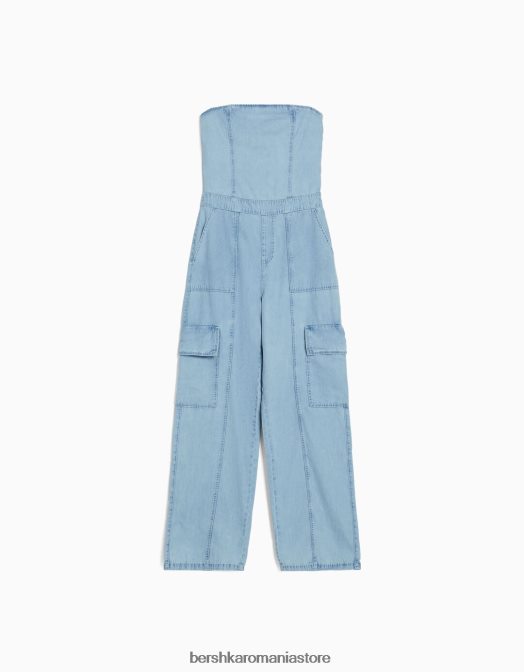 Bershka femei salopetă tip bandeau cargo din denim albastru deschis Z86D4076 îmbrăcăminte