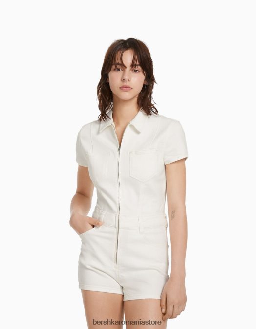Bershka femei salopeta din denim cu fermoar cremă Z86D4079 îmbrăcăminte