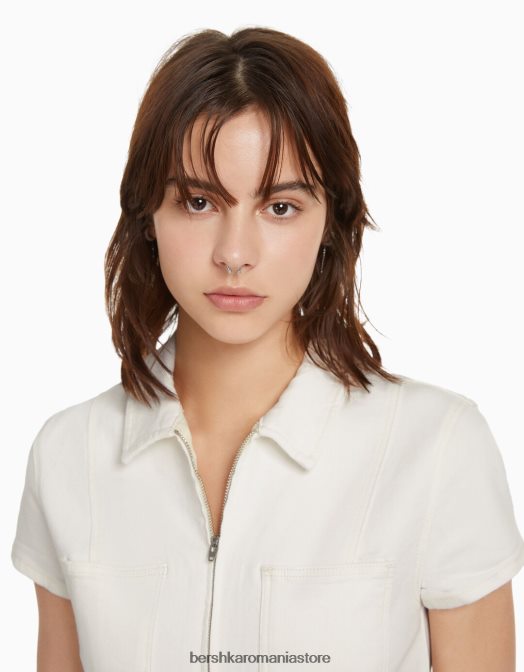 Bershka femei salopeta din denim cu fermoar cremă Z86D4079 îmbrăcăminte