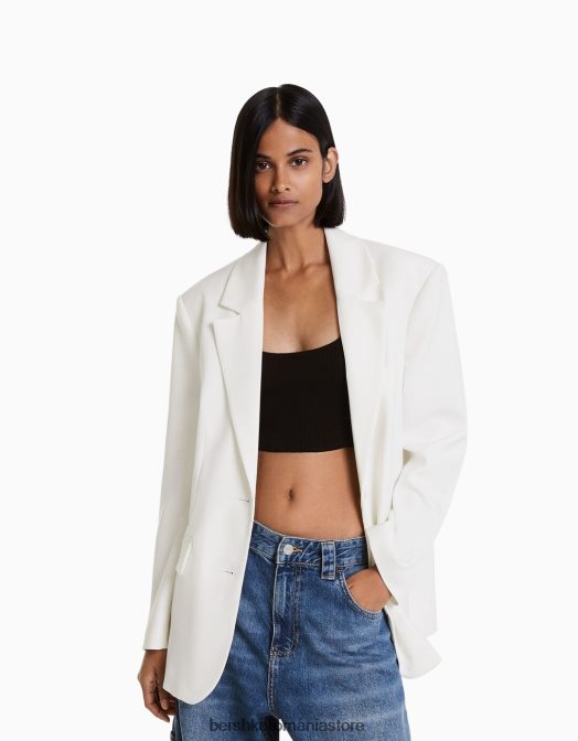 Bershka femei blazer cu croială lejeră, cu o potrivire feminină aproape alb Z86D2007 îmbrăcăminte