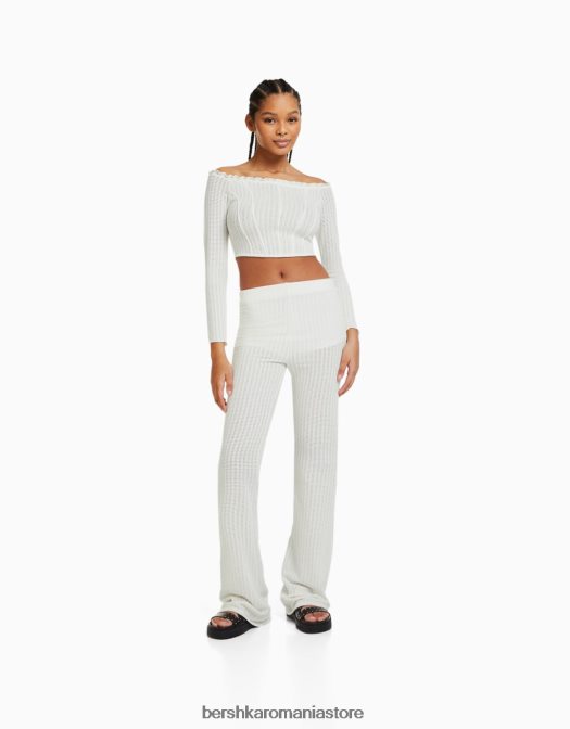 Bershka femei pantaloni evazați din tricot deschis cremă Z86D2041 îmbrăcăminte
