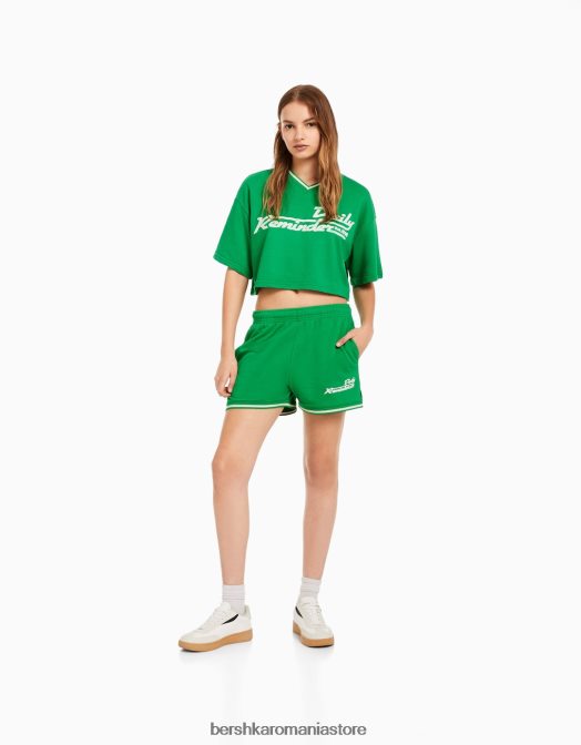 Bershka femei set de hanorac și pantaloni scurți de pluș cu mânecă scurtă cu imprimeu verde Z86D2050 îmbrăcăminte