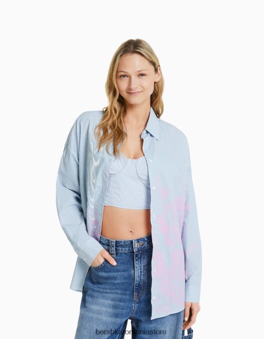 Bershka femei set de top și cămașă din popelin cu imprimeu în dungi albastru deschis Z86D2047 îmbrăcăminte