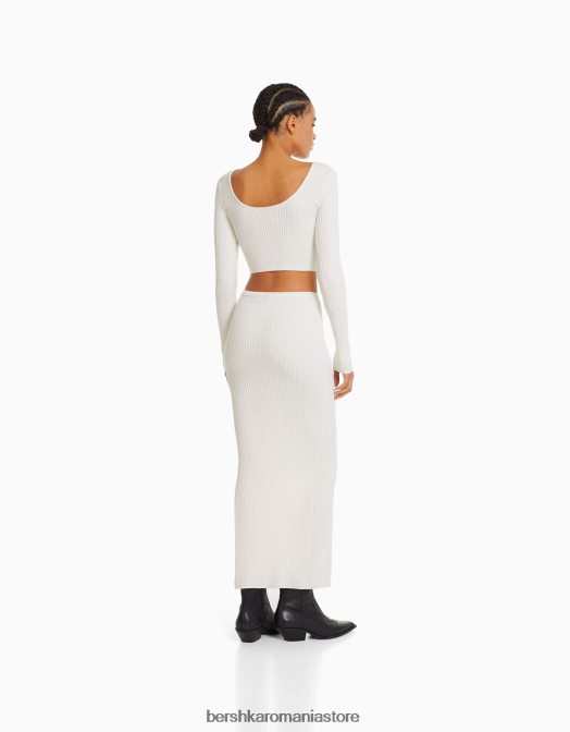 Bershka femei set pulover cu nervuri si fusta midi cremă Z86D967 îmbrăcăminte