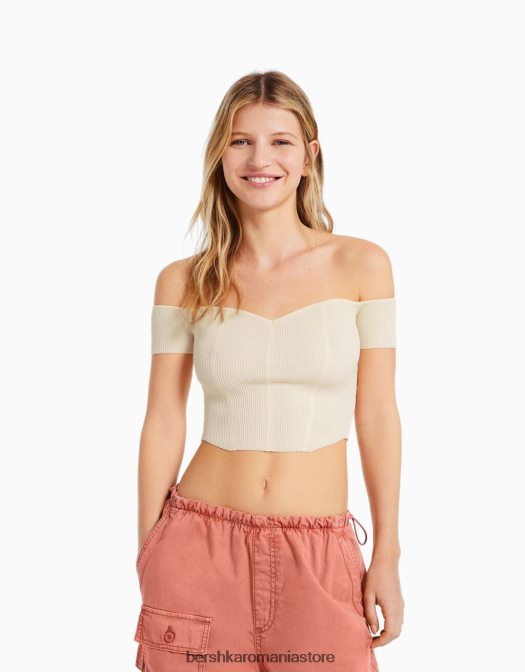 Bershka femei corset din tricot fără umeri cu mânecă scurtă bej Z86D970 îmbrăcăminte
