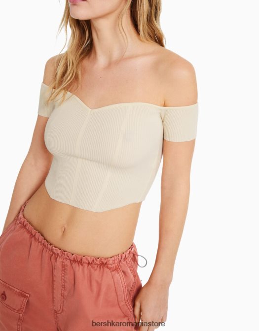 Bershka femei corset din tricot fără umeri cu mânecă scurtă bej Z86D970 îmbrăcăminte