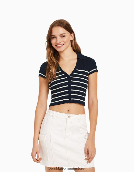 Bershka femei top cu mânecă scurtă cu guler polo albastru Z86D1061 îmbrăcăminte