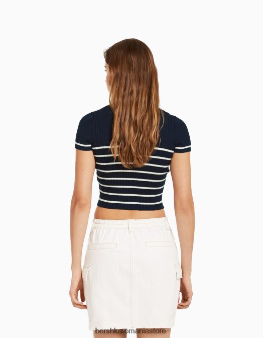 Bershka femei top cu mânecă scurtă cu guler polo albastru Z86D1061 îmbrăcăminte