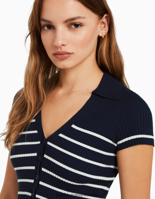 Bershka femei top cu mânecă scurtă cu guler polo albastru Z86D1061 îmbrăcăminte