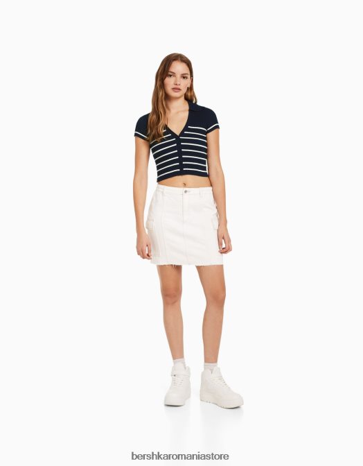 Bershka femei top cu mânecă scurtă cu guler polo albastru Z86D1061 îmbrăcăminte
