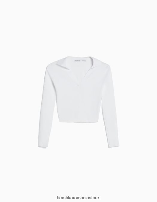 Bershka femei top din jerseu striat cu guler polo alb Z86D1039 îmbrăcăminte