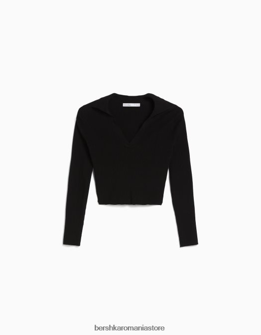 Bershka femei top din jerseu striat cu guler polo negru Z86D1037 îmbrăcăminte