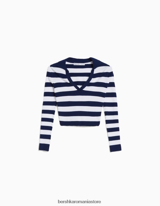 Bershka femei top din tricot cu dungi și guler polo cremă Z86D1038 îmbrăcăminte