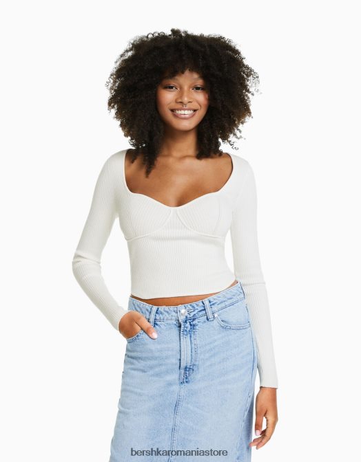 Bershka femei top din tricot cu nervuri stil corset cremă Z86D1020 îmbrăcăminte