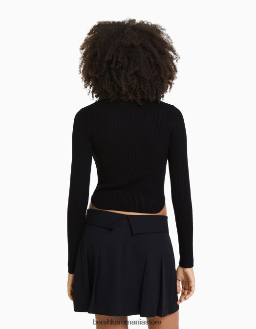 Bershka femei top din tricot cu nervuri stil corset negru Z86D1017 îmbrăcăminte
