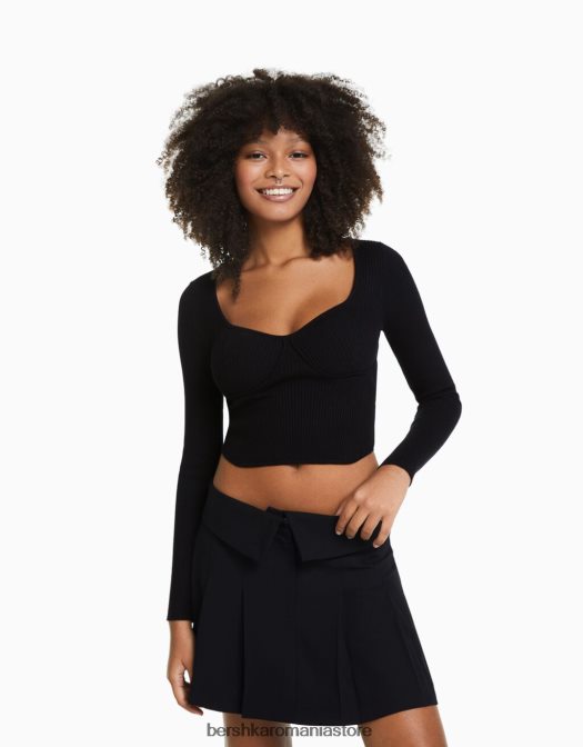 Bershka femei top din tricot cu nervuri stil corset negru Z86D1018 îmbrăcăminte