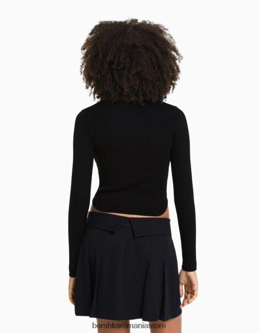 Bershka femei top din tricot cu nervuri stil corset negru Z86D1018 îmbrăcăminte