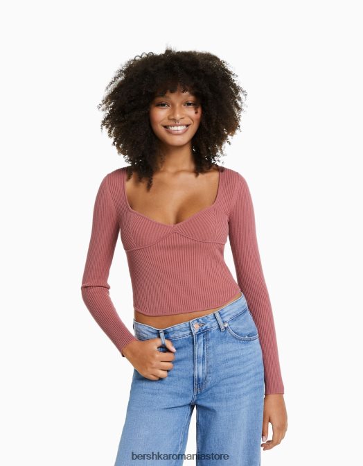 Bershka femei top din tricot cu nervuri stil corset roz Z86D1019 îmbrăcăminte