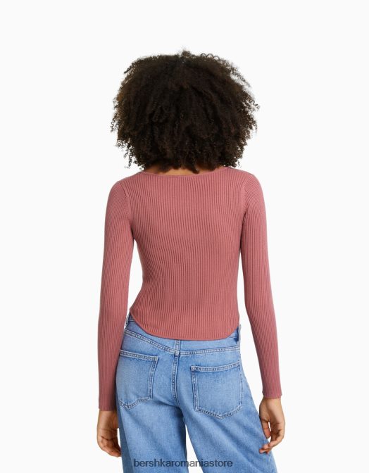 Bershka femei top din tricot cu nervuri stil corset roz Z86D1019 îmbrăcăminte