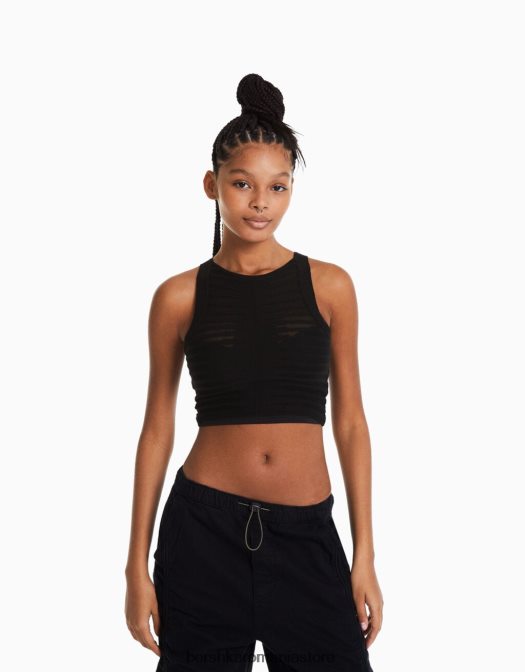 Bershka femei top din tricot transparent negru Z86D964 îmbrăcăminte