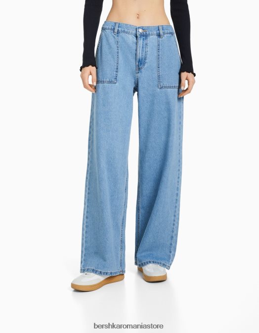 Bershka femei Blugi anii 90 cu talie elastică și buzunar albastru deschis Z86D1567 îmbrăcăminte