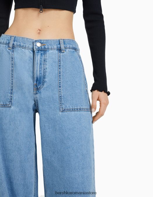 Bershka femei Blugi anii 90 cu talie elastică și buzunar albastru deschis Z86D1567 îmbrăcăminte