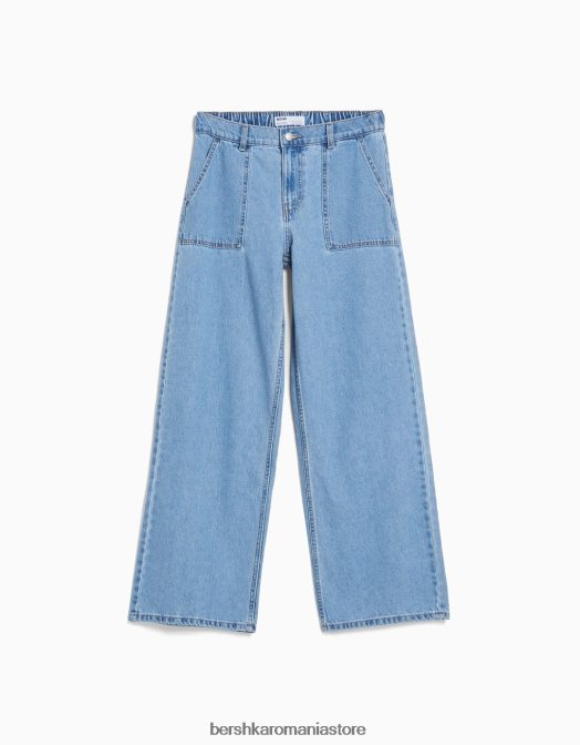 Bershka femei Blugi anii 90 cu talie elastică și buzunar albastru deschis Z86D1567 îmbrăcăminte