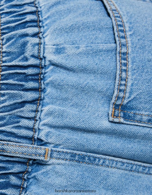 Bershka femei Blugi anii 90 cu talie elastică și buzunar albastru deschis Z86D1567 îmbrăcăminte