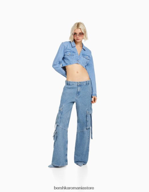 Bershka femei blugi cargo cu buzunare multiple albastru deschis Z86D1975 îmbrăcăminte