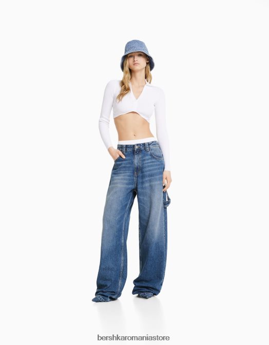 Bershka femei blugi carpenter largi cu picior de balon cu detalii albastru deschis Z86D1586 îmbrăcăminte