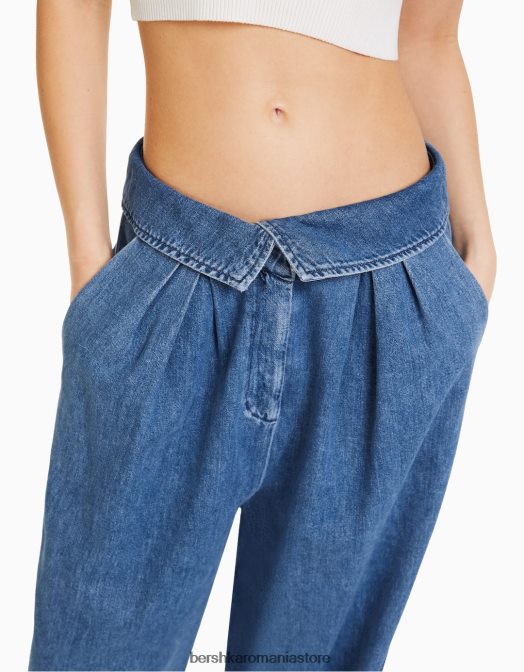 Bershka femei blugi croiți cu detaliu în talie albastru deschis Z86D1539 îmbrăcăminte