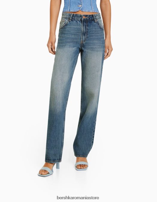 Bershka femei blugi drepte spălat albastru Z86D1495 îmbrăcăminte