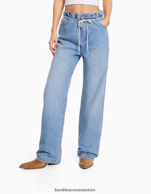 Bershka femei blugi drepti, cu bandă elastică în talie albastru deschis Z86D1584 îmbrăcăminte