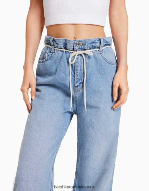 Bershka femei blugi drepti, cu bandă elastică în talie albastru deschis Z86D1584 îmbrăcăminte