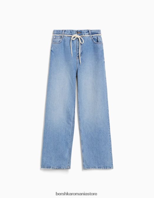 Bershka femei blugi drepti, cu bandă elastică în talie albastru deschis Z86D1584 îmbrăcăminte