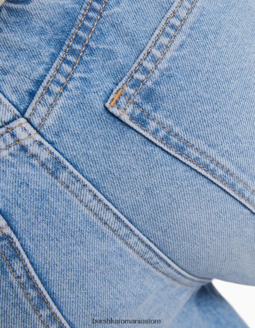 Bershka femei blugi drepti, cu bandă elastică în talie albastru deschis Z86D1584 îmbrăcăminte