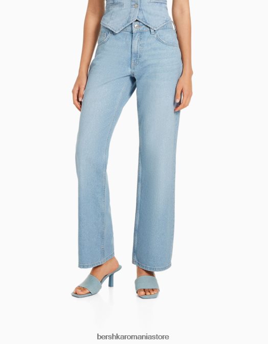 Bershka femei blugi drepti cu detalii strasuri albastru deschis Z86D1579 îmbrăcăminte