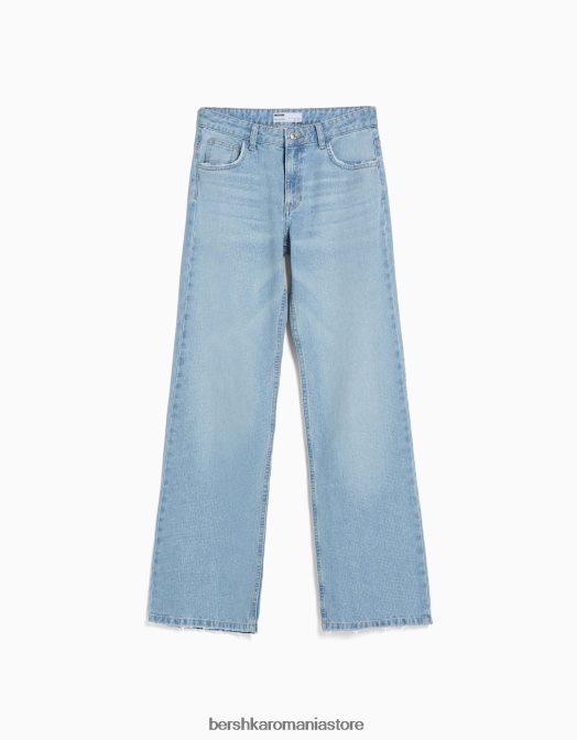 Bershka femei blugi drepti cu detalii strasuri albastru deschis Z86D1579 îmbrăcăminte